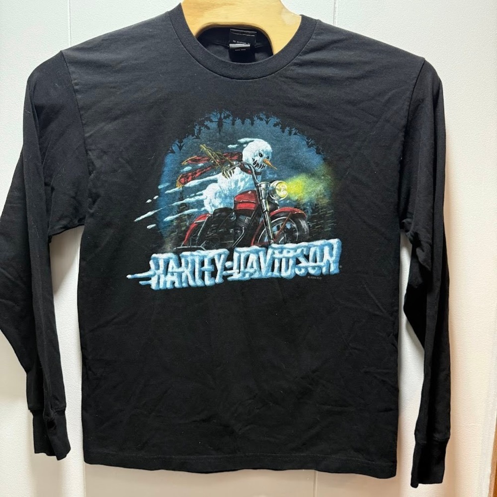 Harley Davidson Long Sleeve Shirt Snowman Riding Motorcycle Graphic Black Mens L